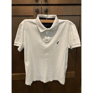 Nautica White Solid Polo Shirt Small Slim Fit Short Sleeve Button Logo